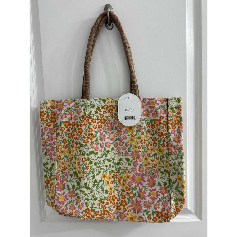 Eccolo Floral Canvas Tote Bag Reusable Shopper with Inner Pocket NWT